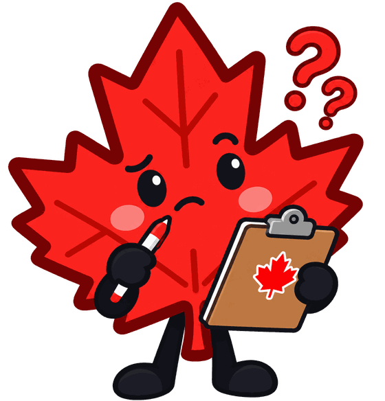 The MapleCheck maple leaf holding a clipboard and pen, with question marks above its head.