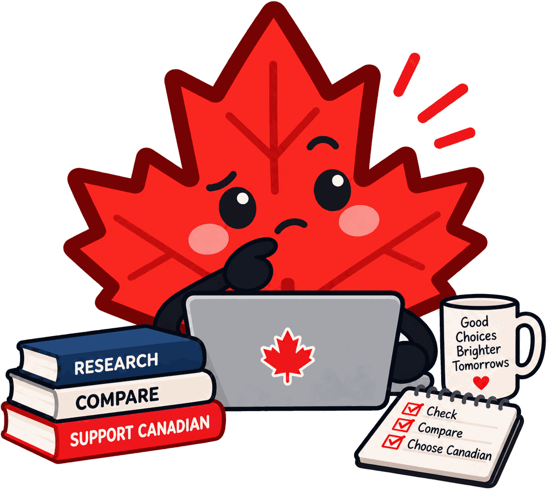 The MapleCheck maple leaf looking thoughtfully at a laptop, beside books labelled Research, Compare, Support Canadian and a checklist reading Check, Compare, Choose Canadian.